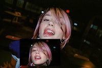 a photo of a girl with pink hair