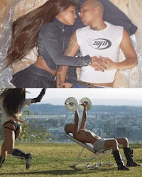 two pictures of a man and a woman posing on a bench