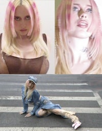 two pictures of a woman with pink hair posing on the street