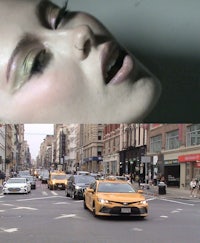 a woman is walking down the street with a taxi in the background