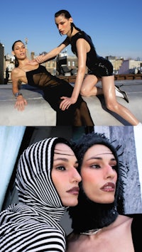 two women in black and white posing on a rooftop